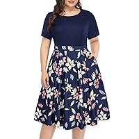 Pinup Fashion Women's Plus Size Midi Dresses Round Neck Summer Casual Party Swing Dress with Pockets