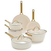 GreenPan Reserve Hard Anodized Healthy Ceramic Nonstick 10 Piece Cookware Pots and Pans Set, Gold Tone Stainless Steel Handle, PFAS-Free, Dishwasher Safe, Oven Safe, Cream White