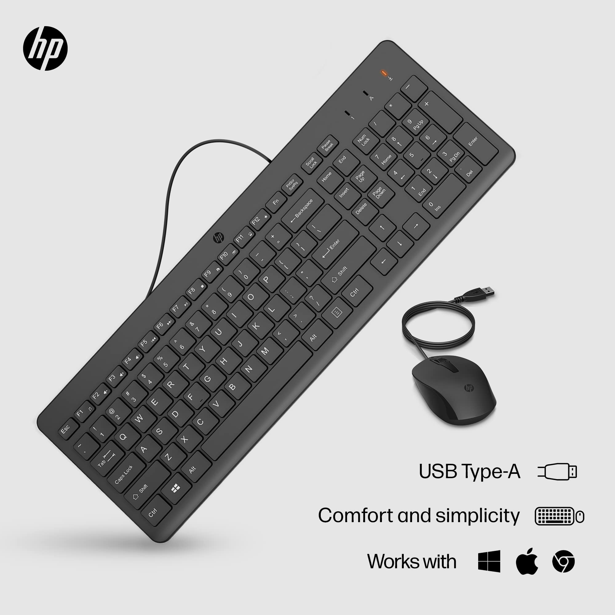 HP 150 Wired Mouse and Keyboard Combo - Full-Sized, Low-Profile Keyboard with Numeric Keypad - 1600 DPI Optical Sensor, Multi-Surface Wired Mouse - USB Plug-and-Play Connectivity (240J7AA, Black)