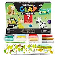 Arteza Kids Air Dry Clay, 42 Bars, Safari Stage Modeling Clay Kit, 14 Mini-Stages, 14 Googly Eyes, 3 Glitter Glues, 1 Craft Tool, 7 Instruction Sheets, Craft Supplies for Learning and Developing