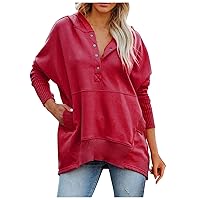 Womens Casual Button V Neck Hoodies Multicolor Doll Sleeve Oversized Sweatshirt Loose Thread Stitching Top