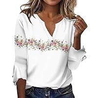 Womens Blouses V Neck Bell 3/4 Sleeve Ladies Tops Gradient Floral Print Shirts Summer Loose Casual Tee T Shirts