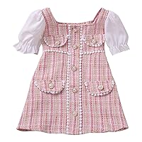 Korean Version of Girls' Dress for Spring and Autumn with New Plaid Pearl Buttons and Small Toddler Girl
