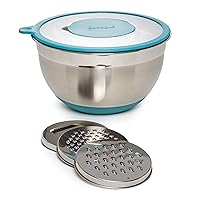 Goodful Stainless Steel Mixing Bowl with Non-Slip Bottom, Lid and 3 Interchangeable Grater Inserts (Fine, Coarse, Slicing), 5 Quart, Prep, Teal