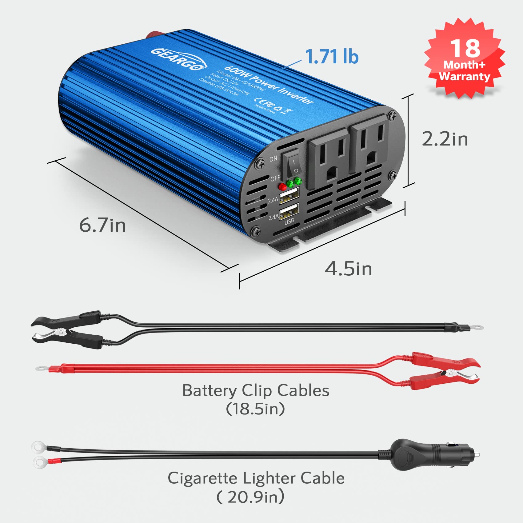 GEARGO 600W Car Power Inverter DC 12V to 110V with 4.8A Dual USB Ports and 2 AC Outlets 12V Power Inverters for Vehicles （Blue）