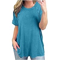 Summer Ribbed Knit Tunic Tops Women Oversized Vintage Patchwork Style T-Shirt Short Sleeve Crewneck Casual Shirts