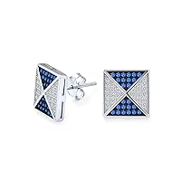 Black Royal Blue Cubic Zirconia Micro Pave Geometric CZ Pyramid Square Stud Earrings For Men .925 Sterling Silver 11MM