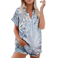 Womens Short Sleeve Tunic Tops 2024 Casual Summer Regular Fit Breathable Shirt Trendy Loose V Neck Printing Shirts
