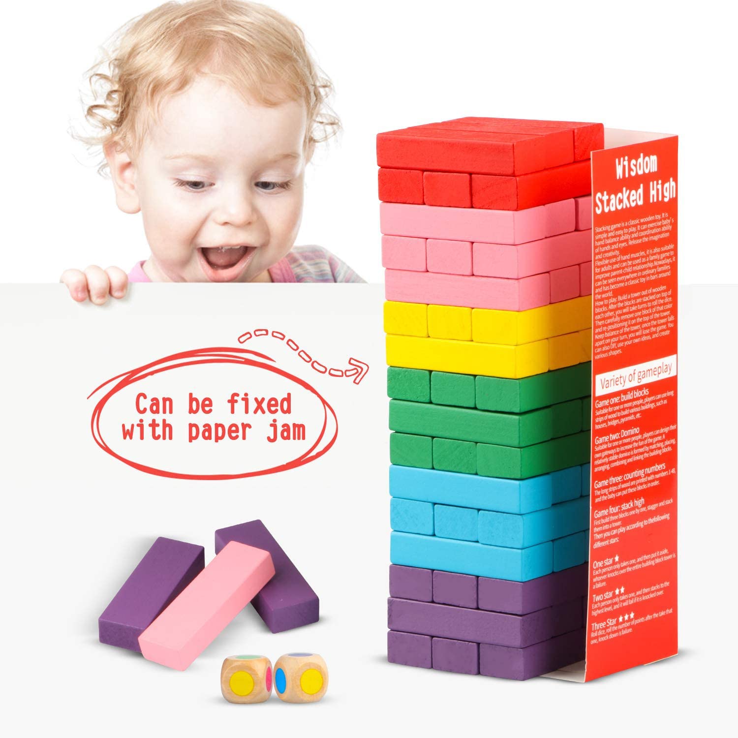Canuan Wooden Blocks Stacking Games, 48PCS Tumbling Stacking Blocks Game for Kids and Families, Wood Colorful Balancing Blocks Montessori Toys for Kids with Storage Bag