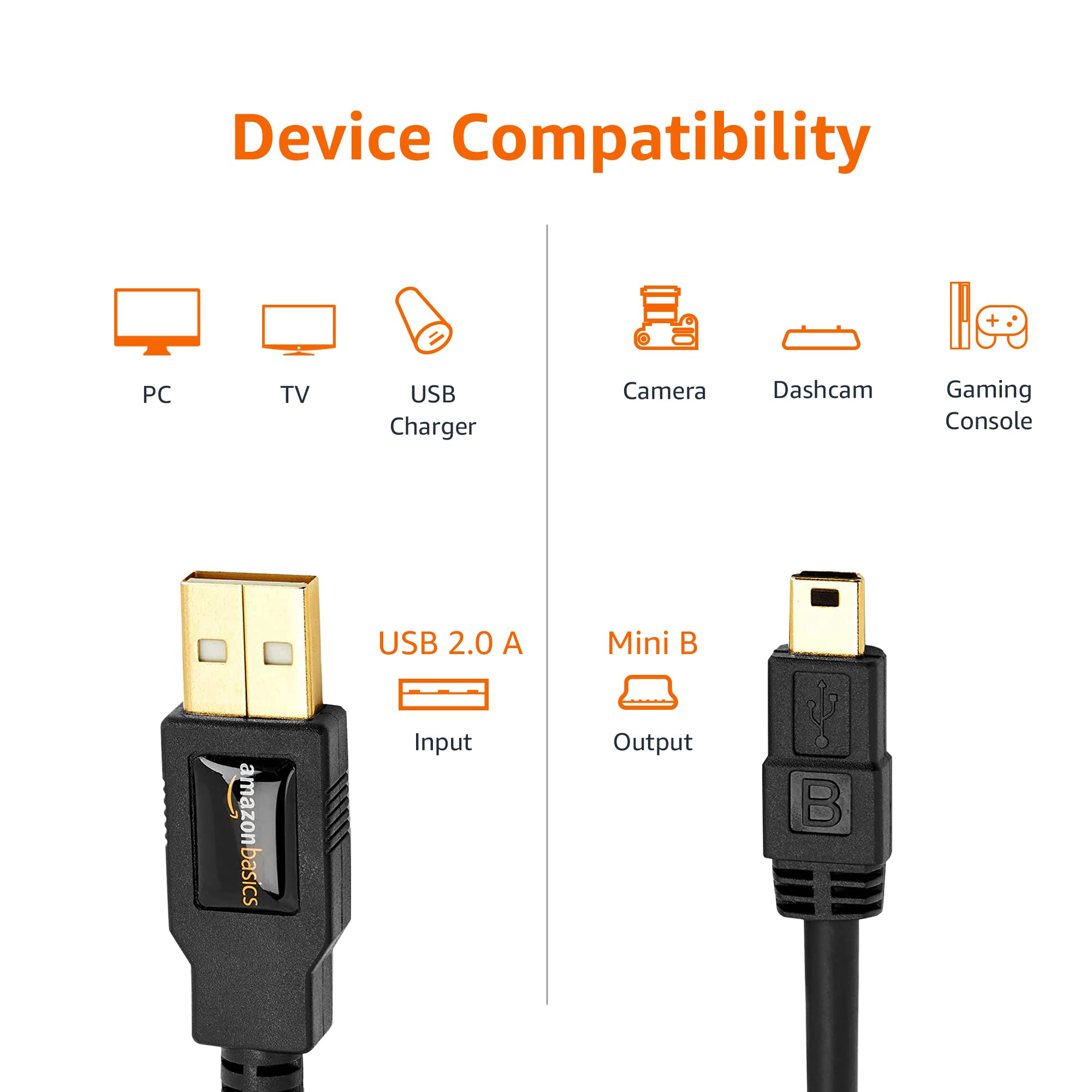 Amazon Basics USB-A to Mini USB 2.0 Fast Charging Cable, 480Mbps Transfer Speed with Gold-Plated Plugs, 6 Foot, Black