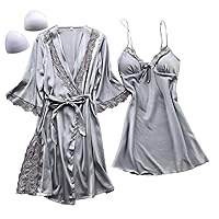 Andongnywell Women Sexy Silk Satin Robe Camisole Pajama Dress 2 Piece Women's Long Satin Robes Suit Bathrobe Nightgown