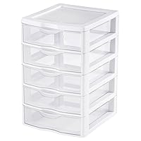 Sterilite Small 5 Drawer Desktop Storage Unit, Tabletop Organizer for Desk, Countertop at Home, Office, Bathroom, White with Clear Drawers, 4-Pack
