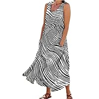 XJYIOEWT Summer Maxi Dresses for Women 2024,Women's Crew Neck Casual Striped Gradient Print Cuffless Pocket Long Tank Dr