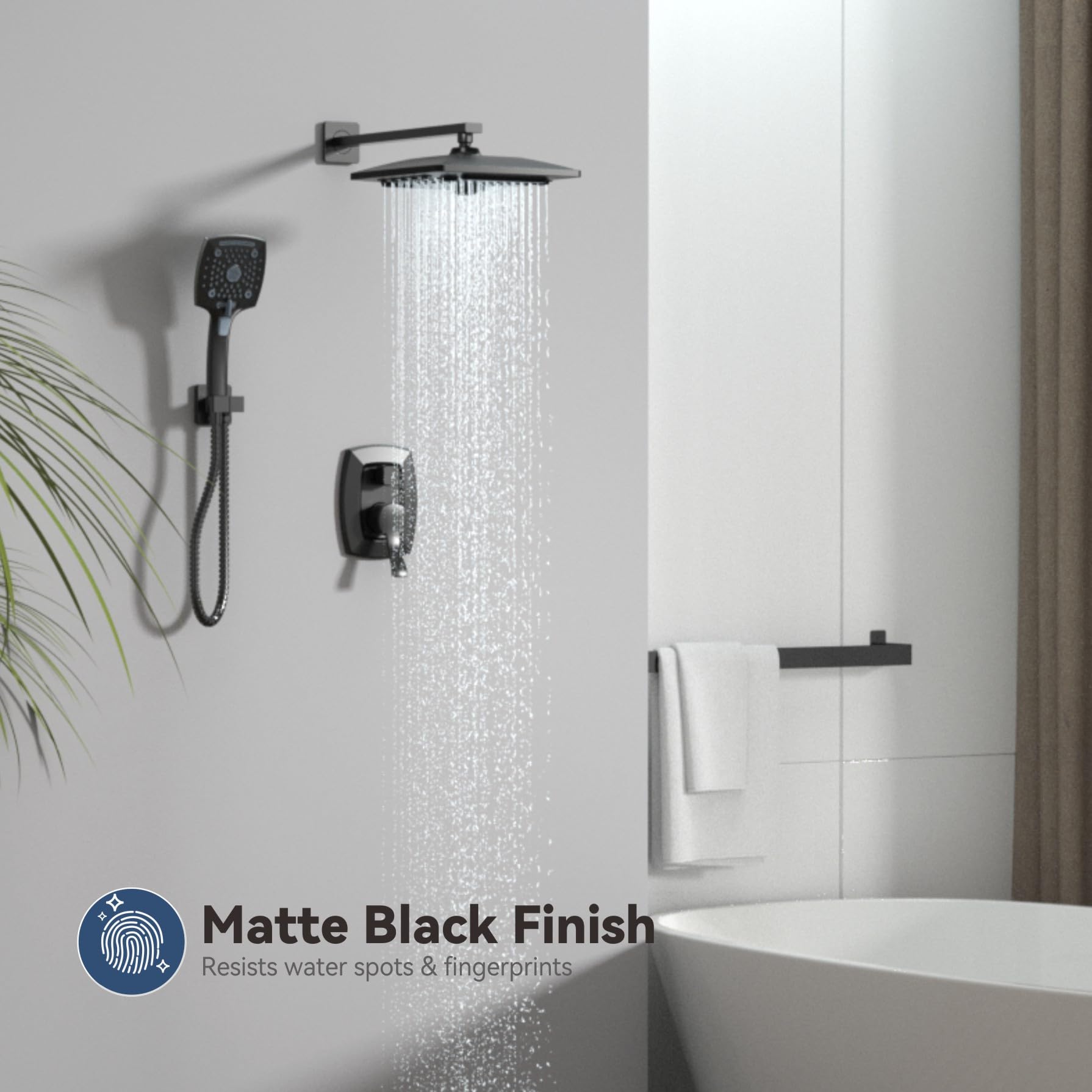 ELLO&ALLO Matte Black Bathroom Shower Faucet Set with Valve, Rainfall Shower Head with Handheld Combo