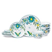 HomePop Ceramic 12-Pieces Dinnerware Sets,Dish Plates and Bowls Sets - Blue Turquoise