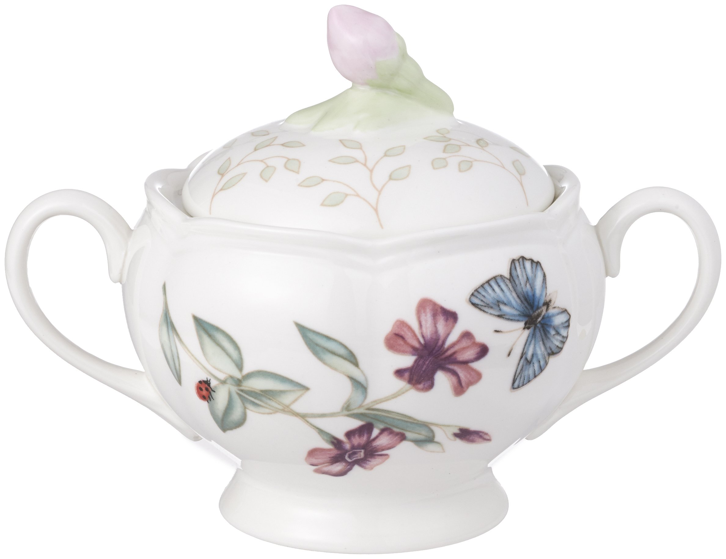 Lenox Butterfly Meadow Double Handled Sugar Bowl with Lid, White -