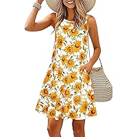 Women's Sundress Floral Print Crew Neck A-Line Beach Dress Casual Loose Sleeveless Summer Tshirt Dresses with Pockets