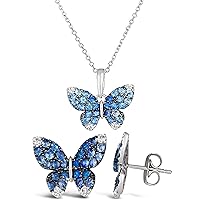 LE VIAN White and Blue Sapphire Butterfly Stud Earrings and Pendant Necklace for Women I 14k White Gold Jewelry Set I Push Back Studs I 18 Inches Long Chain Necklace
