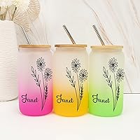 Birthday Gifts Personalized Birth Flower Glass Can Coffee Cup with Bamboo Lid 16 Oz Milk Tea Cups with Lid And Straw Graduation Women's Day Gifts for Her, Girlfriend, October Bitrhflower