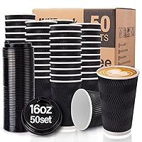 Disposable Coffee Cups With Lids,50 Pack,16 oz Insulated Ripple Wall Paper Coffee Cups,To Go Iced Coffee Cups for Hot and Cold Beverages Tea Hot Chocolate Drinks (Black, 16oz)
