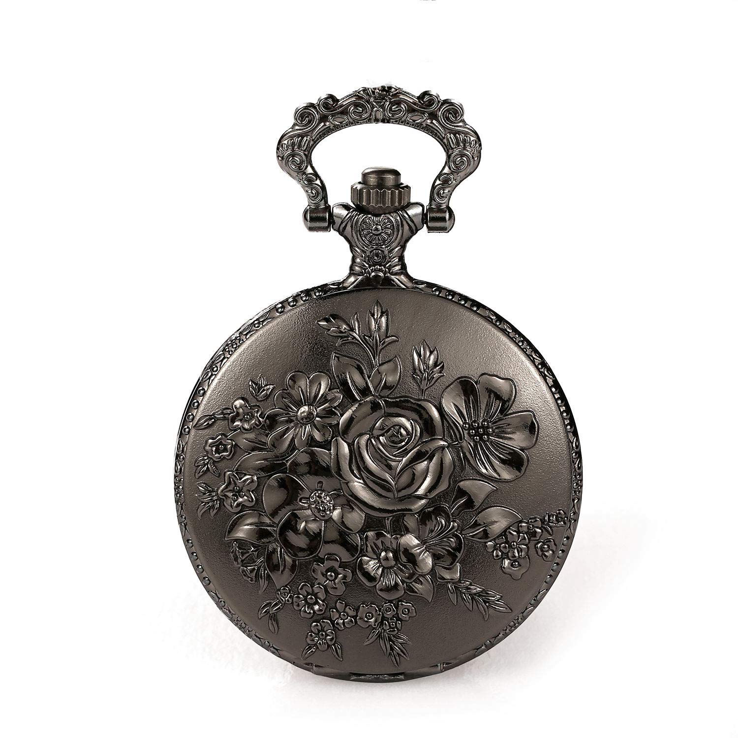 BOSHIYA Retro Flower Openwork Cover Quartz Pocket Watch with Chain Half Hunter Pocket Watches for Women with Box, for Mother's Day