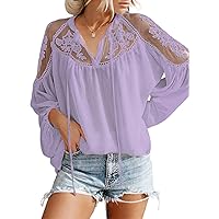 Asvivid Womens V Neck Crochet Lace Tops Casual Loose Puff Long Sleeve Shirts Chiffon Blouses