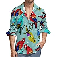 Watercolor Macaw Parrot. Men's Button Down T Shirts Long Sleeve Casual Hawaiian Shirt Pocket Print Top