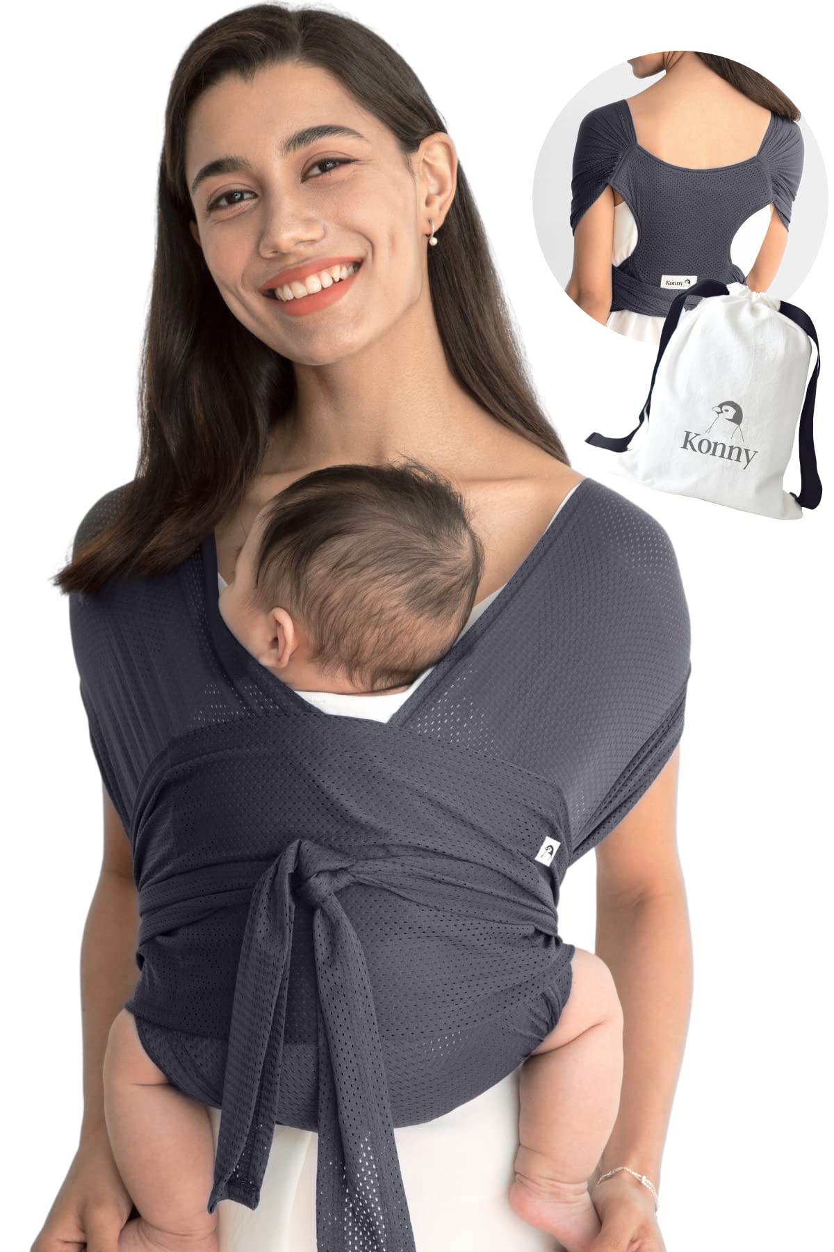 Konny Baby Carrier AirMesh for Summer Carrier Wrap, Easy to Wear Baby Wrap Carrier, Perfect Essentials Cloths for Newborn Babies up to 44 lbs, (Charcoal, M)
