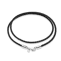 Miabella Genuine 3mm Black Braided Italian Leather Cord Chain Necklace for Men Women with 925 Sterling Silver Clasp, Made in Italy