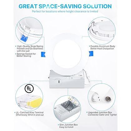 Ensenior 12 Pack 6 Inch Ultra-Thin LED Recessed Ceiling Light with Junction Box, 6000K Clear White, 12W 110W Eqv, Dimmable Downlight, 1050LM High Brightness - ETL Certified