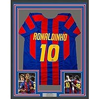 Framed Facsimile Autographed Ronaldinho 33x42 Blue/Red Reprint Laser Auto Jersey - Sports Memorabilia