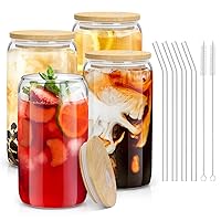 sungwoo Glass Cups with Bamboo Lids and Straws, 16OZ Ice Coffee Cup, Drinking Cup set with Wooden Lids, Home Essential Glass Tumblers for Beer, Cocktail, Tea and Latte Clear 4 Pack (4)