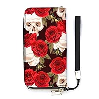 Skulls and Red Roses Wristlet Wallet Leather Long Card Holder Purse Slim Clutch Handbag for Women