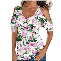 Women Summer Cold Shoulder Babydoll Shirts Batwing Short Sleeve Crewneck Tops Casual Loose Fit Dressy Blouses