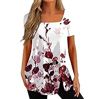 Summer Tops for Women 2024 Side Slit Short Sleeve Button Printed Loose Tops Tshirts Square Neck Tunic Shirts Blouses