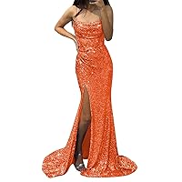OFEYCHUN Sequin Mermaid Prom Dress Long Cowl Neck Spaghetti Straps Evening Gowns with Slit Appliques