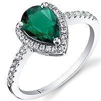 PEORA Created Emerald Teardrop Halo Ring for Women 14K White Gold with Genuine White Topaz, 1.25 Carats Pear Shape 9x6mm, Sizes 5 to 9