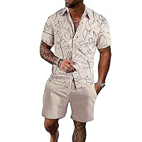 SOLY HUX Men's 2 Piece Outfits Tropical Print Short Sleeve Button Down Hawaiian Shirt and Shorts Set