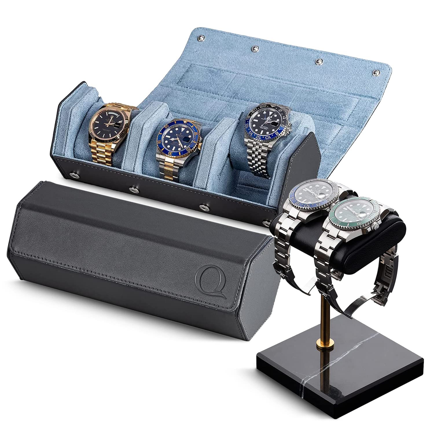 QWATCHBANDS Genuine Leather Watch (Grey/Light Blue) and Watch Stand (Black/Gold/Black)