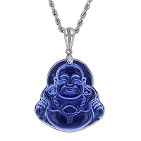 Laughing Buddha Light Blue Jade Pendant Necklace Rope Chain Genuine Certified Grade A Jadeite Jade Hand Crafted, Blue Jade Necklace, 14k Gold Finish Laughing Jade Buddha Necklace, Blue Jade Medallion, Mens Jewelry, Buddha Chain, Buddha Necklace