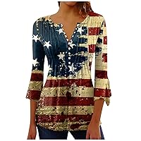4th of July Shirts for Women 3/4 Sleeve V Neck Button Summer Tops Independence Day American Flag Patriotic T Shirts