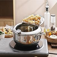 Stainless steel Japanese skillet, tempura skillet with thermometer, lid and oil drainer, daily French fries, chicken, fish and shrimp etc are compatible with all cooktops(3.4L)