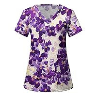 Hawaiian Shirts Women 2024 Stylish Short Sleeve V Neck Tropical Print Funny Workwear Loose Fit Work Uniforms with Pockets