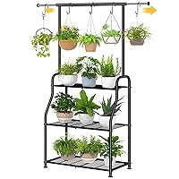 Plant Stand Indoor Outdoor, Heavy Duty Metal 3 Tiered Hanging Plant Shelf for Multiple Flower Planter Holder Tall Large Rack for Living Room Garden Balcony, Black