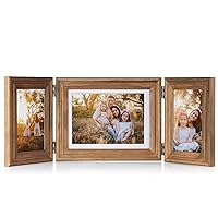 3 Vertical Horizontal Hinged Wood Picture Frame 4x6 and 5x7 Triple Folding Photo Frame Home Decor with Real Glass Front in Distressed Farmhouse Wood Grain for Tabletop, Display 4x6 with Mat or