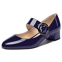 WAYDERNS Women's Mary Jane Formal Block Patent Circle Buckle Round Toe Solid Office Adjustable Strap Chunky Low Heel Pumps Shoes 1.5 Inch