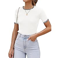luvamia Womens Tops Trendy Business Casual Summer Short Sleeve Sweater Top Slim Fit Color Block Crewneck Ribbed Knit Tee