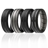 ROQ Silicone Rubber Wedding Ring for Men, Comfort Fit, Men's Wedding & Engagement Band, 8mm Wide 2mm Thick, 2 Thin Lines Beveled Edge Duo, 4 Pack, Black, Dark Gray, Silver, Size 14
