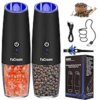 UPGRADED USB RECHARGEABLE Gravity Electric Salt and Pepper Grinder Set,Battery Powered Automatic Operation Salt and Pepper Shakers,LED Light Adjustable Coarseness Mill 2 PACK(BLACK)