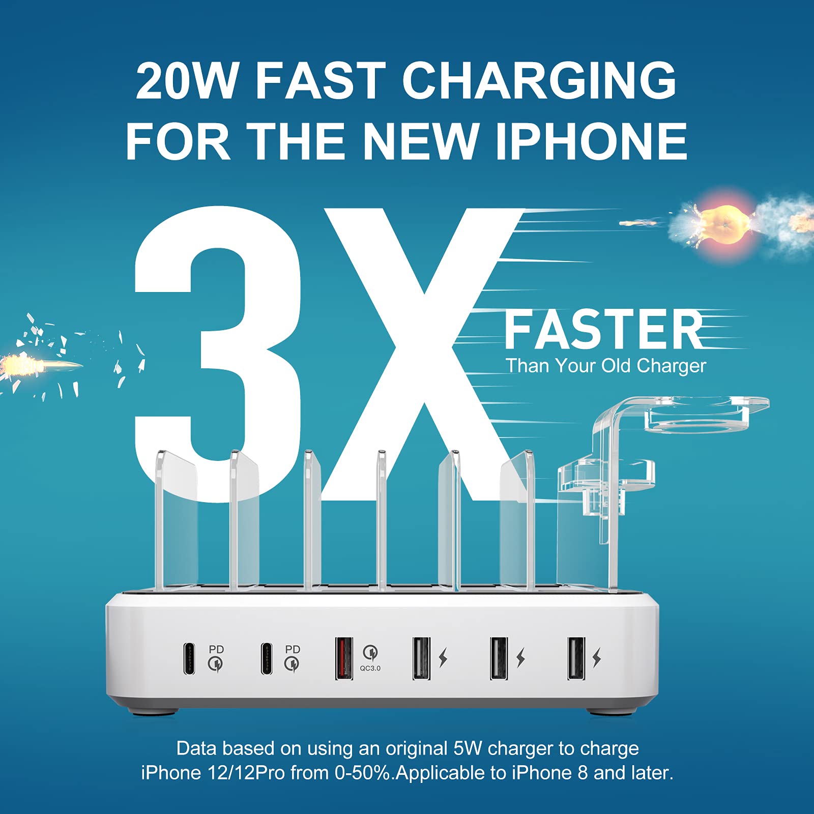 Charging Station - USB C Charger Station, 84W/12A Charging Station for Multiple Devices, Upgraded QC3.0 & PD 6 Ports Charging Dock,Fast Charging Station for Apple iOS/Android iPhone iPad Phone Tablets